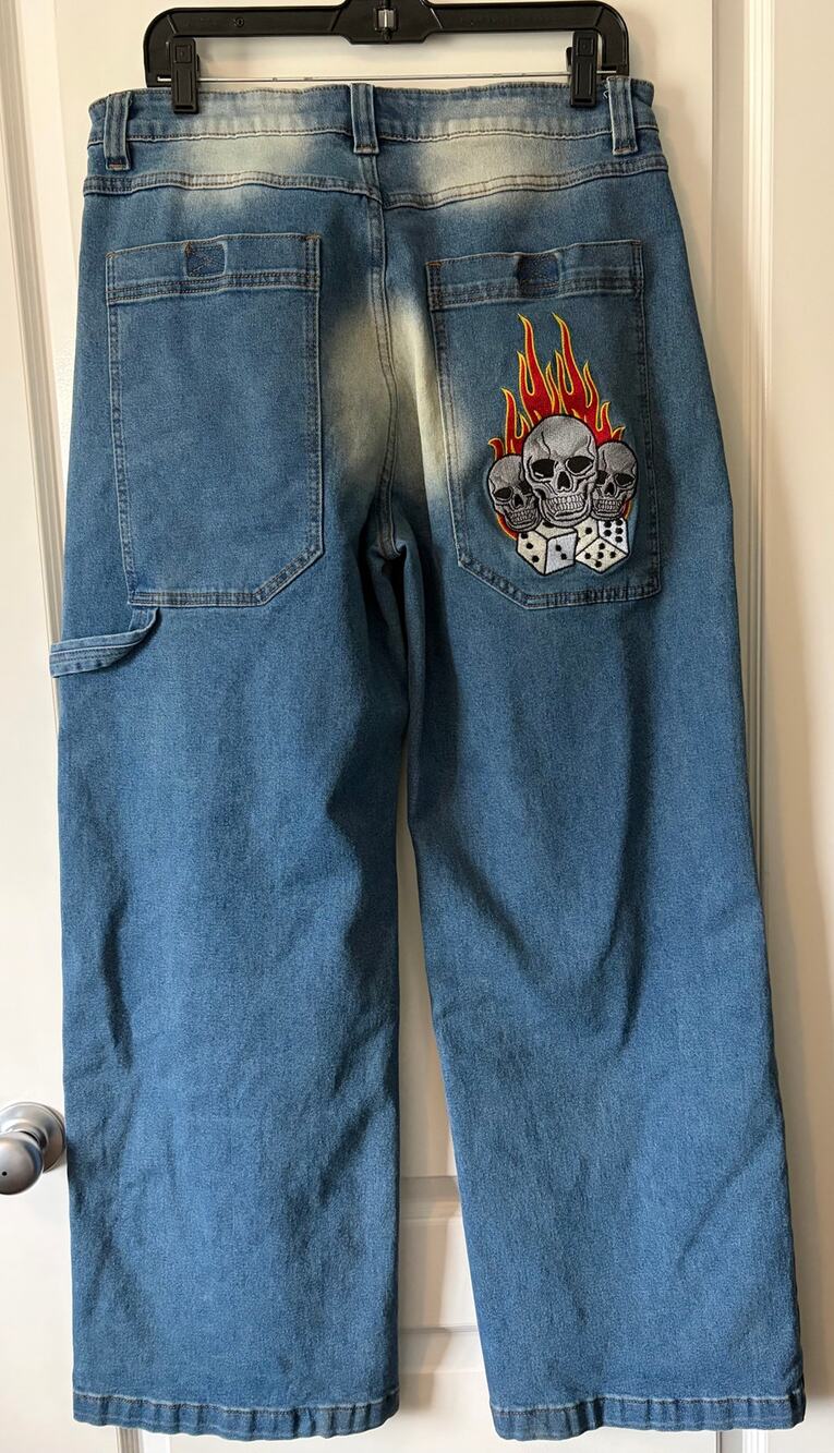 Hot Topic Mens Embroidered Flaming Skull Dice Carpenter Jeans 32 x 32 Distressed